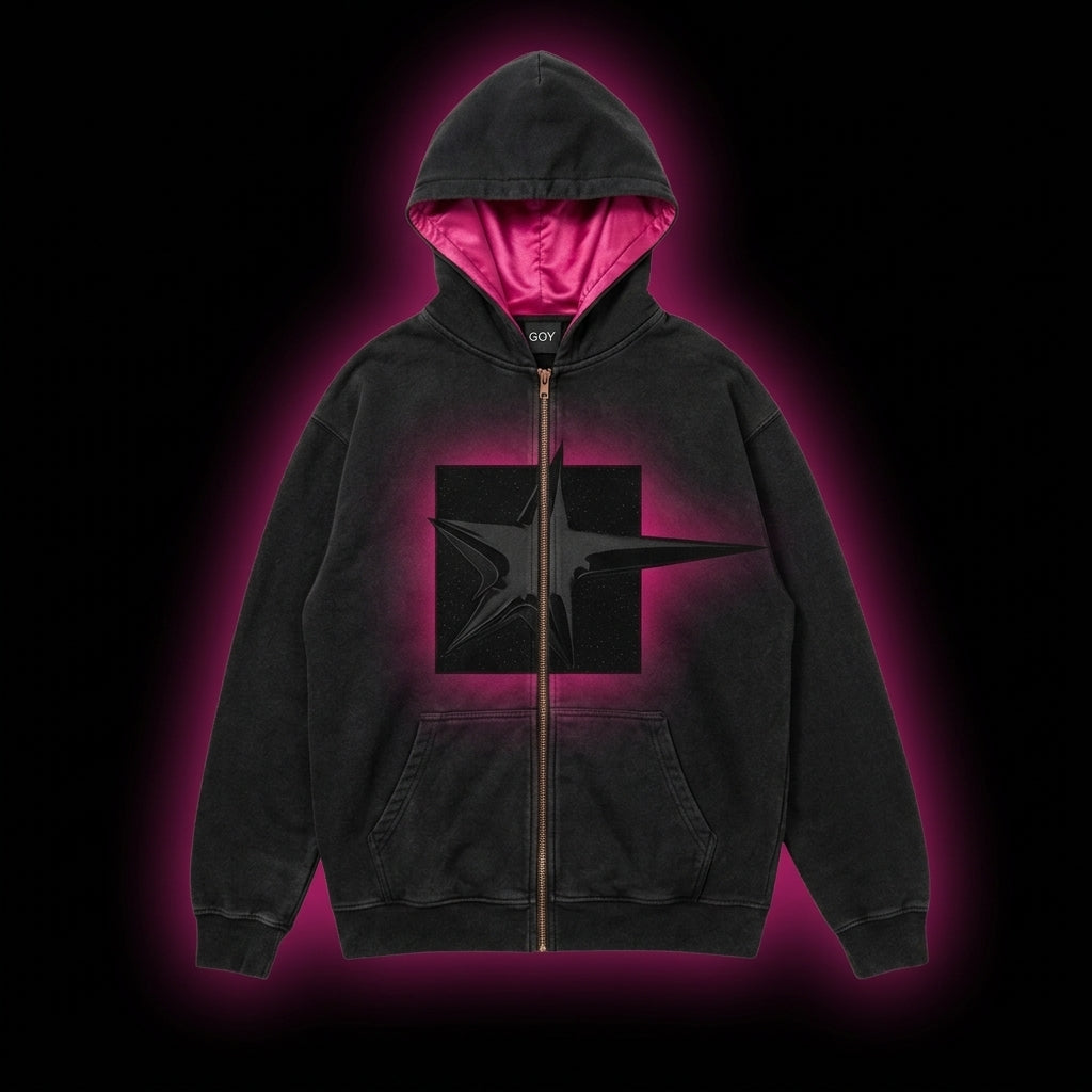 Black Star Zip-Up Hoodie - Black