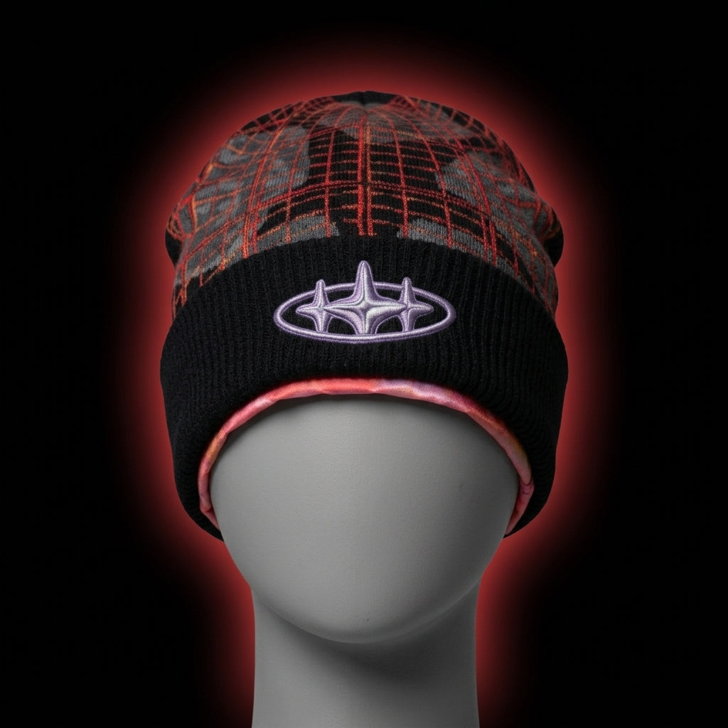 Red Grid Beanie - Black
