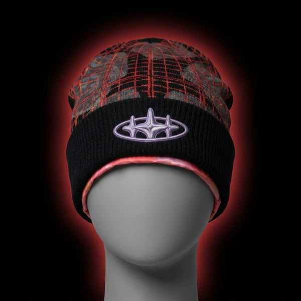 Red Grid Beanie - Black